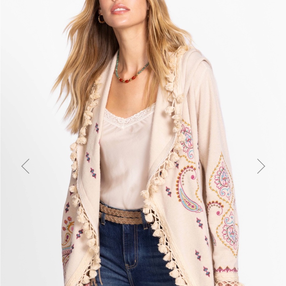 New with Tags Johnny Was Biya Large Cream Paisley Tassel Hooded Cardigan Boho